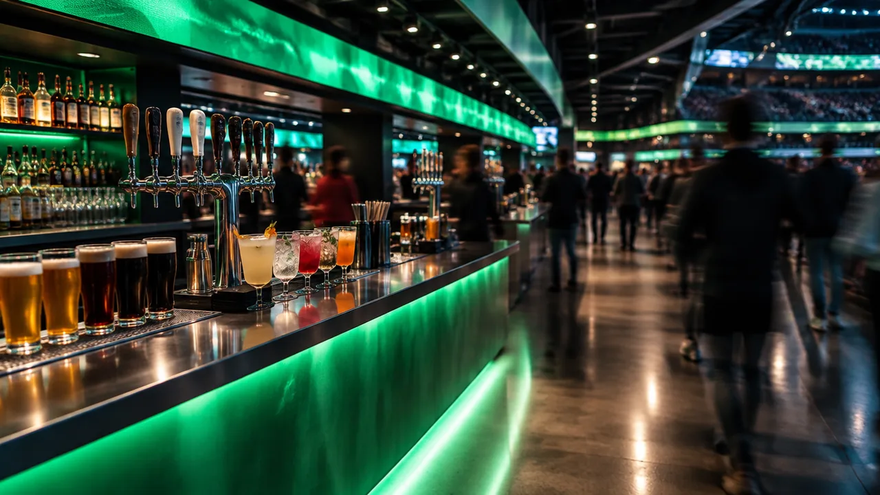 Packed arena concourse bar on event night: draft beers and cocktails on a green-lit counter, crowd moving past