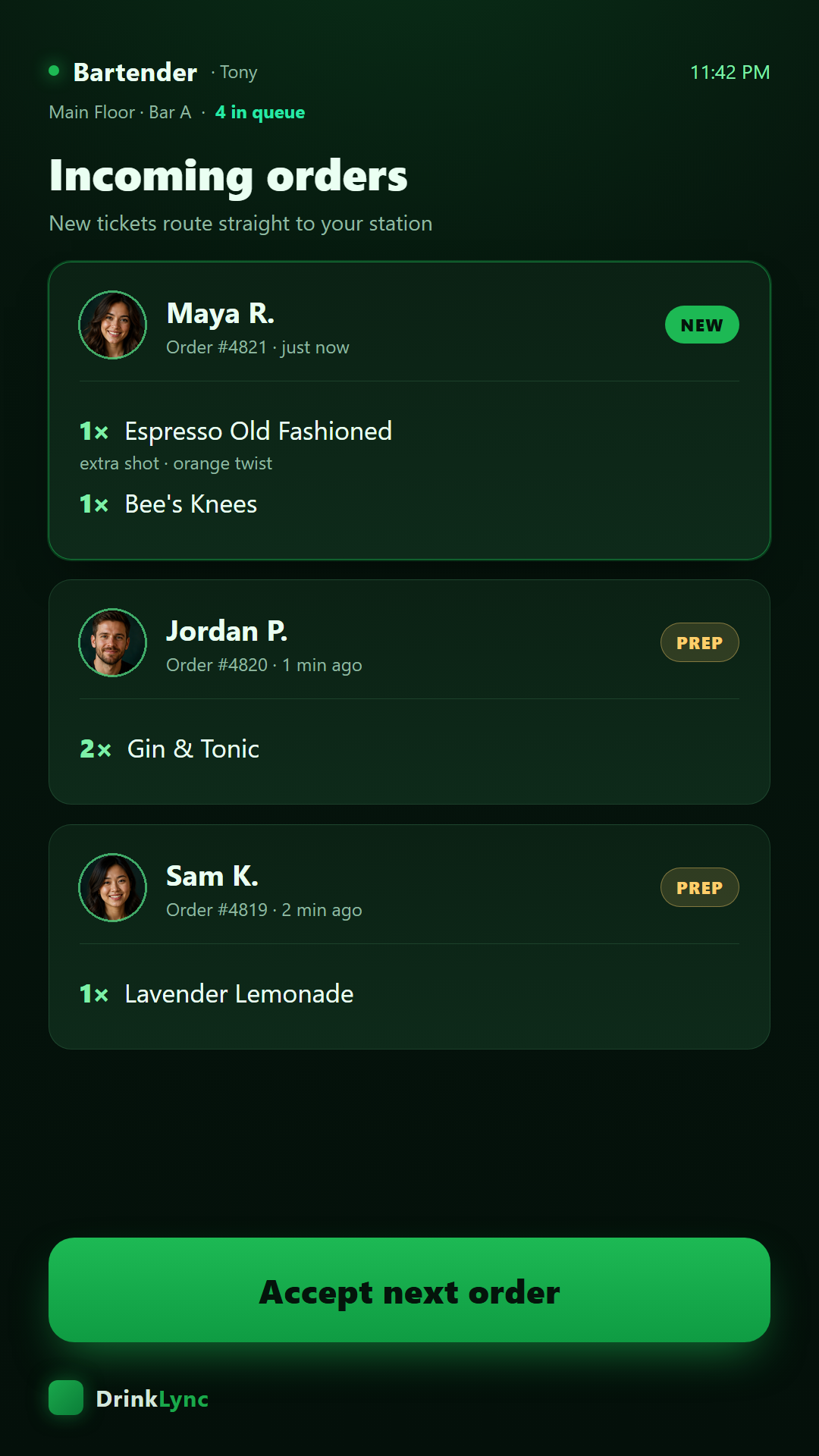 Bartender queue screen