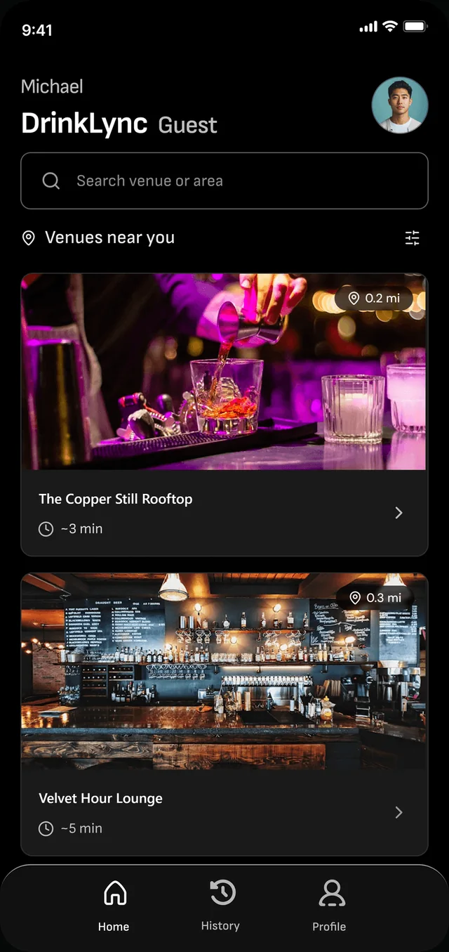 DrinkLync app home screen showing nearby venues
