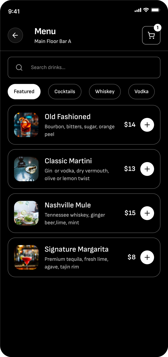 Cocktail menu in the DrinkLync app