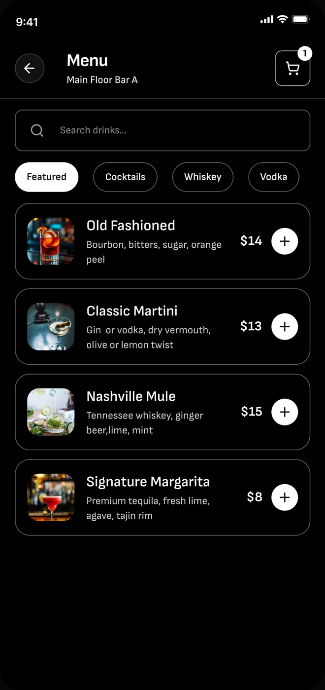 Cocktail menu in the DrinkLync app
