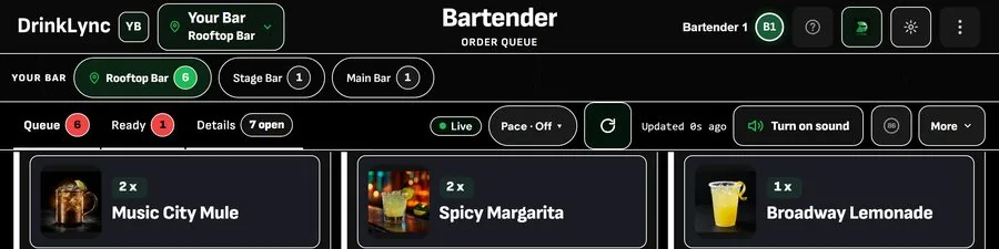 DrinkLync bartender iPad: one queue per bar with tonight's numbers on top