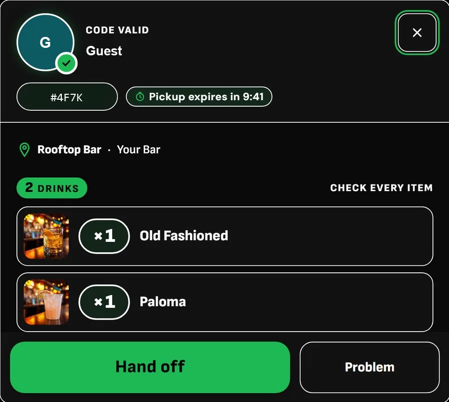 DrinkLync pickup iPad: a scanned order with every item checked before hand-off