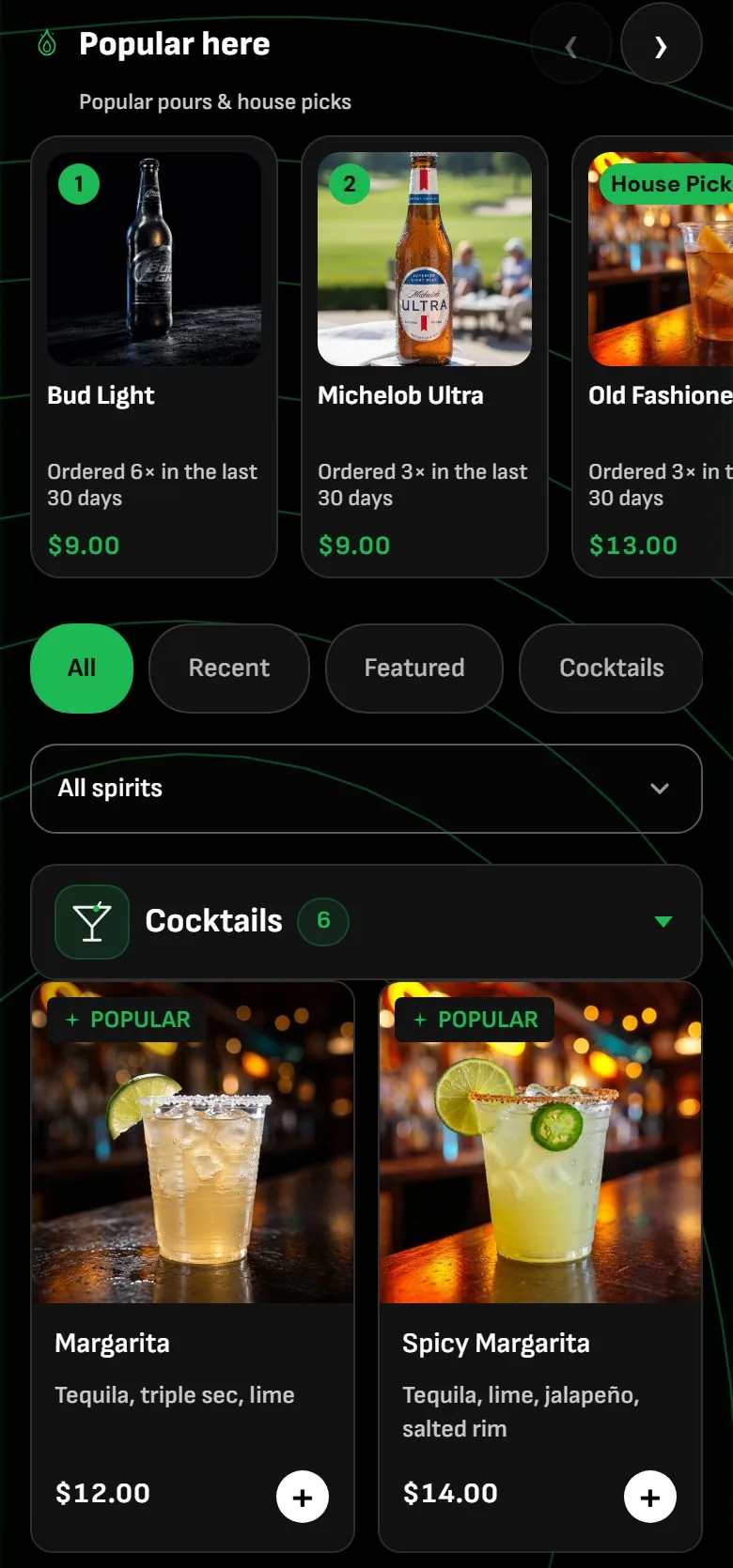DrinkLync guest app: a bar's live menu with real drink photos and prices