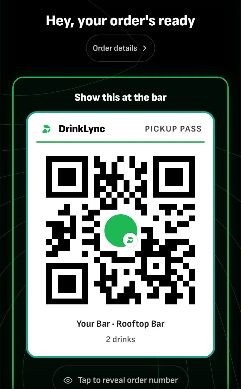 DrinkLync guest app: the ready alert and pickup pass